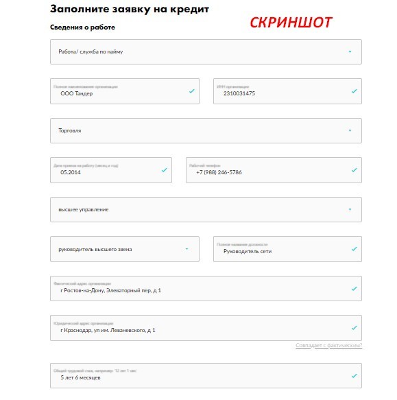 Заполнение данных о работе